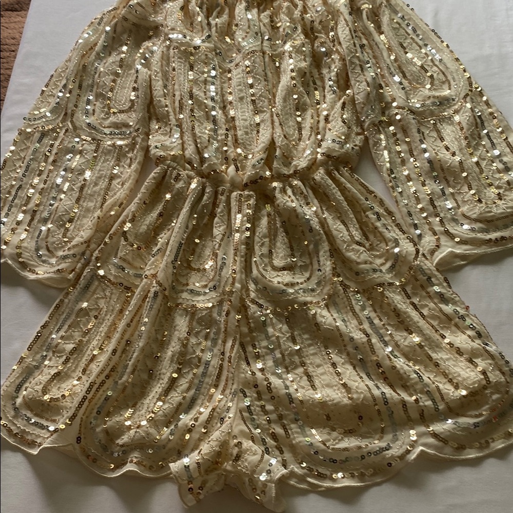 Sequin Embellished Cream Romper. Color Ivory - Picture 2 of 9